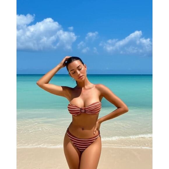 Size S Women's 2 Piece Strapless Swimsuit Striped Bandeau High Waisted Thong - Picture 2 of 9